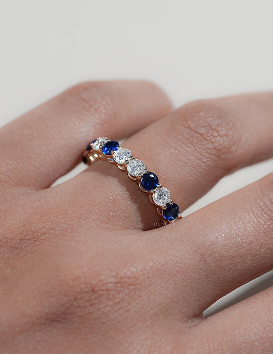 Art Deco Sapphire Round Gemstone Alternate Eternity Band Wedding Band