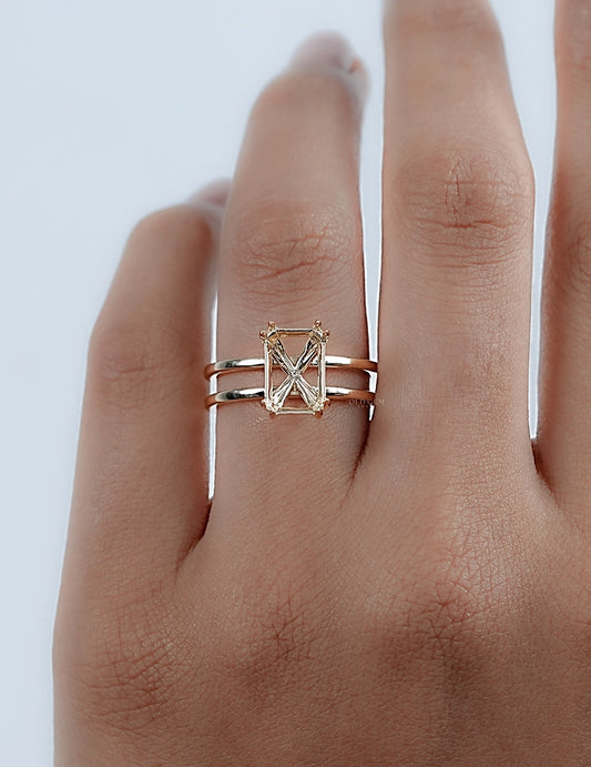 Emerald Shape Dual Band Semi Mount Ring Engagement Ring