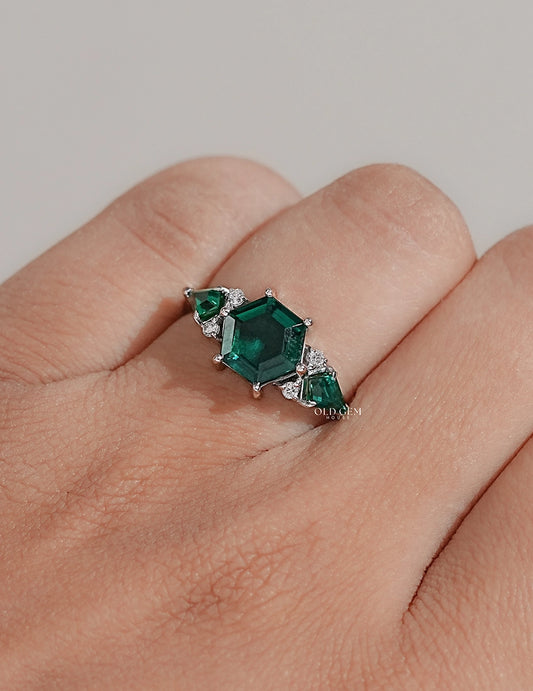 Art Deco Emerald Hexagon Cut Three Stone Ring Engagement Ring