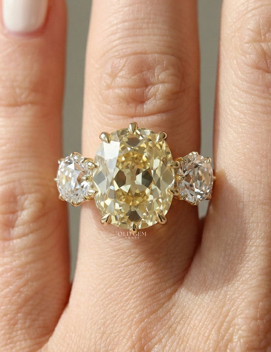 Fancy Yellow Old Mine Cushion Three Stone Engagement Ring
