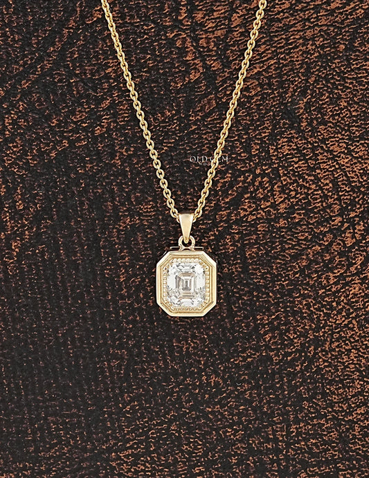 Old Mine Emerald Cut Milgrain Bezel Set Pendant Necklaces