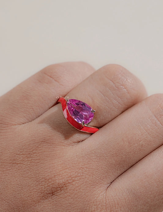 Pink Pear Lab Gemstone Curved Ring Engagement Ring