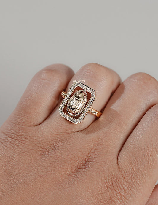 Round Cut Scarab Halo Accent Ring