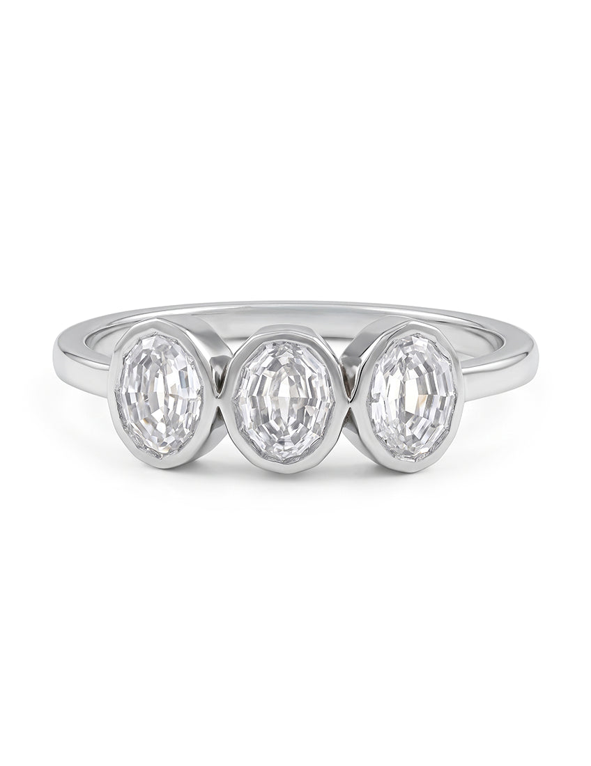 Edwardian Step Cut Oval Bezel Set Three Stone Ring Engagement Ring
