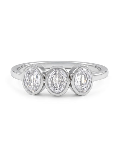 Edwardian Step Cut Oval Bezel Set Three Stone Ring