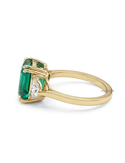 Art Deco Emerald Cushion Cut Diamond Three Stone Ring