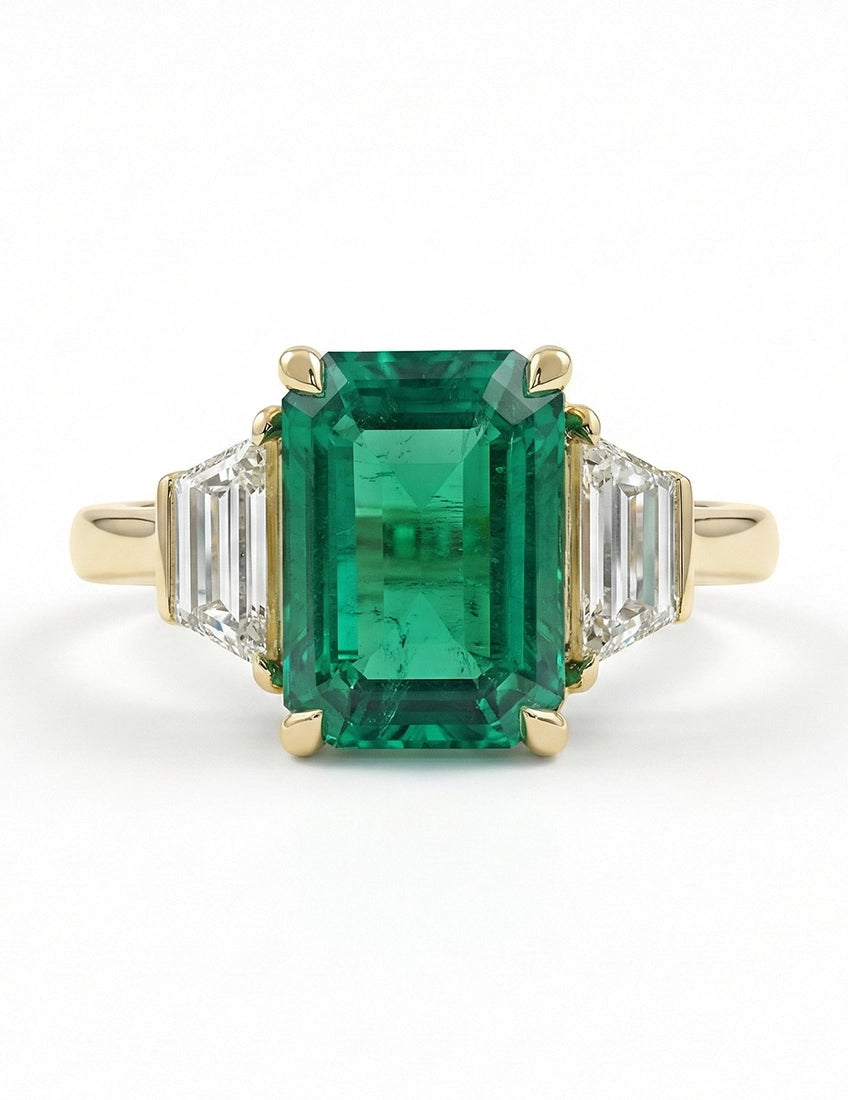 Mid Century Emerald And Trapezoid Diamond Three Stone Ring Engagement Ring