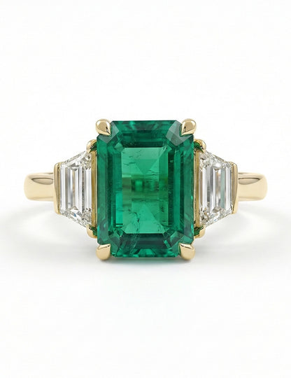 Mid Century Emerald And Trapezoid Diamond Three Stone Ring Engagement Ring