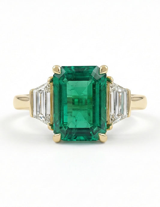 Mid Century Emerald And Trapezoid Diamond Three Stone Ring Engagement Ring