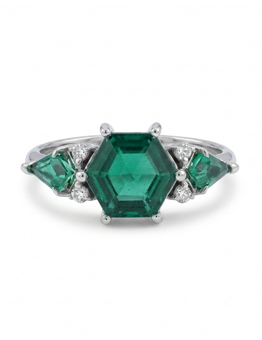 Art Deco Emerald Hexagon Cut Three Stone Ring Engagement Ring
