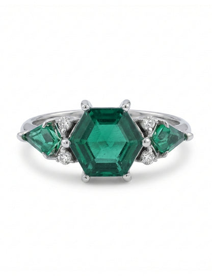 Art Deco Emerald Hexagon Cut Three Stone Ring Engagement Ring