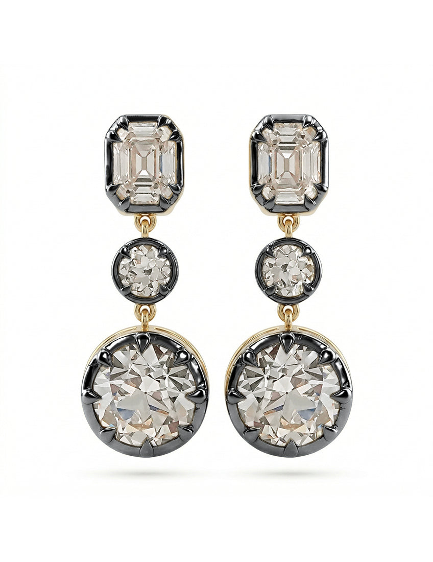 Old European & Asscher Cut Three Stone Drop Earring Earrings