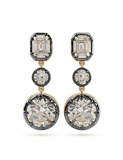 Old European & Asscher Cut Three Stone Drop Earring