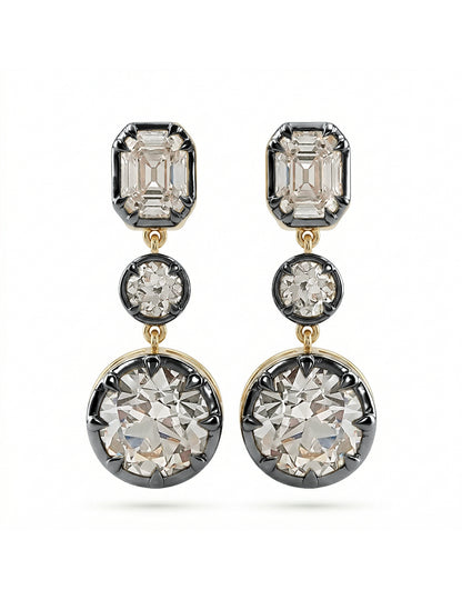 Old European & Asscher Cut Three Stone Drop Earring Earrings