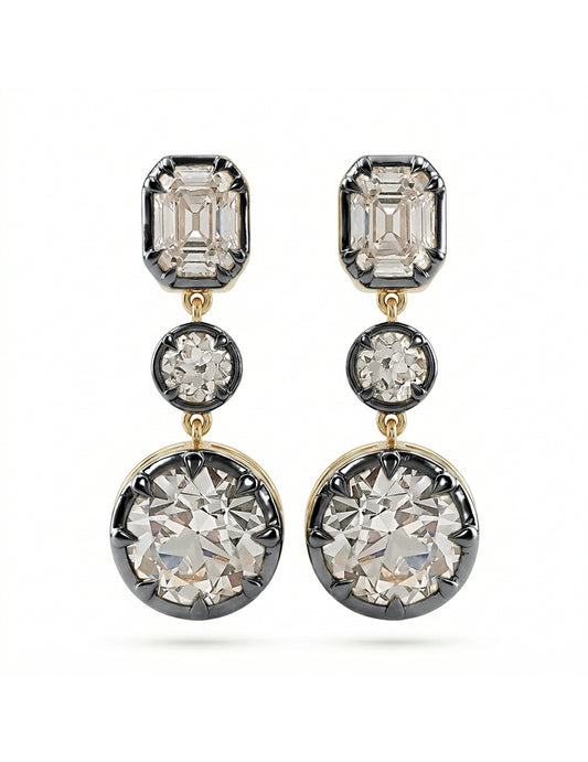 Old European & Asscher Cut Three Stone Drop Earring Earrings