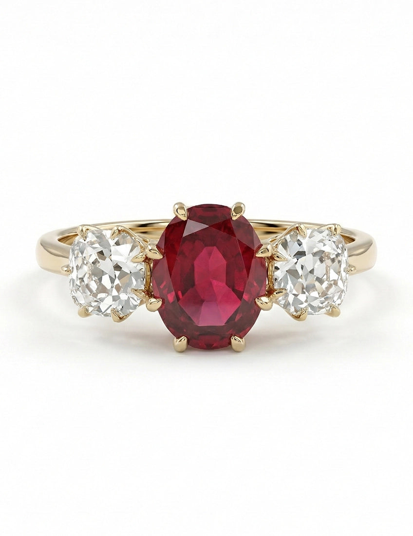Edwardian Oval Ruby Three Stone Diamond Ring Engagement Ring