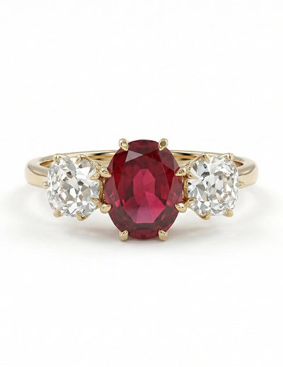 Edwardian Oval Ruby Three Stone Diamond Ring
