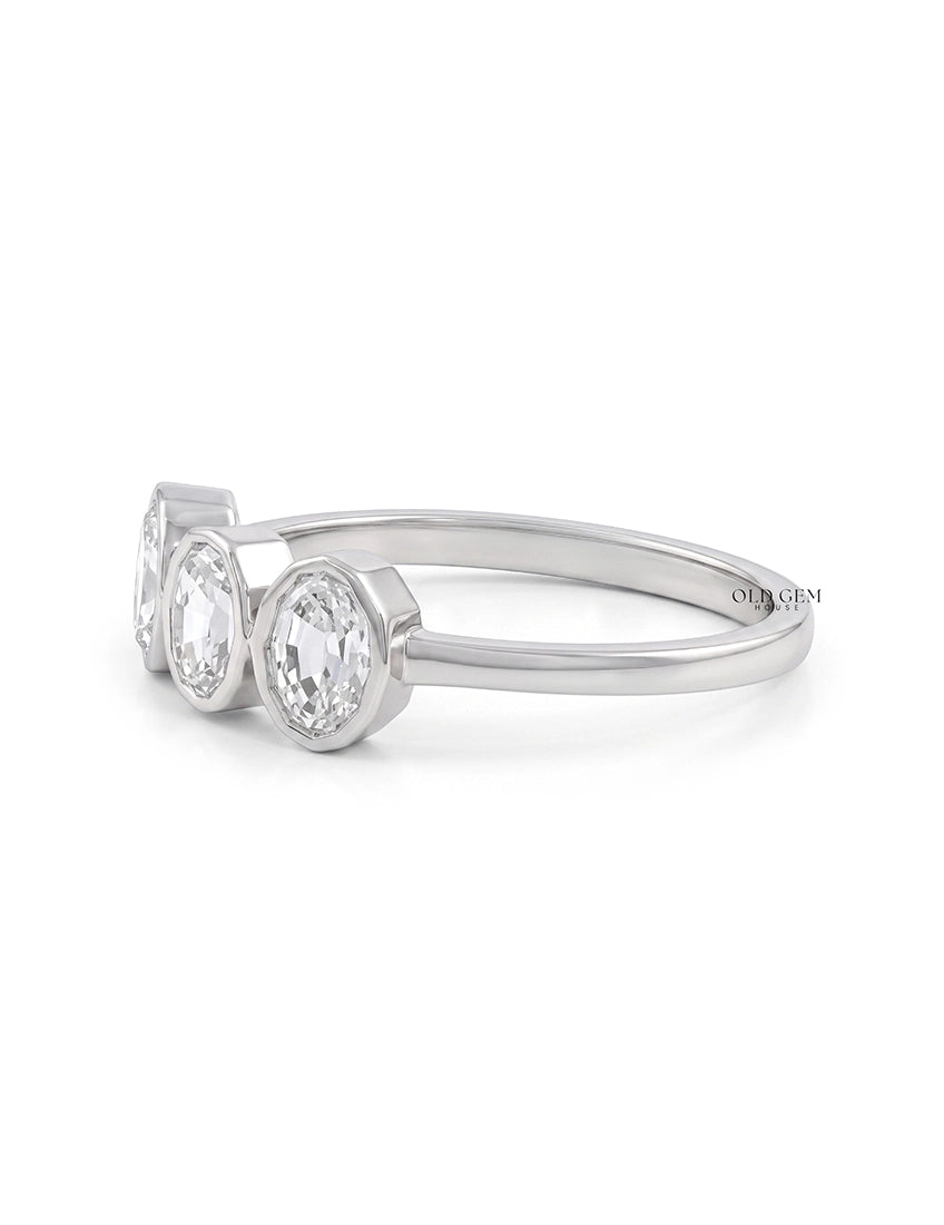 Edwardian Step Cut Oval Bezel Set Three Stone Ring Engagement Ring
