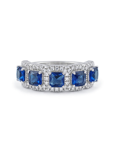 Art Deco Blue Asscher Gemstone Halo Five Stone Wedding Band