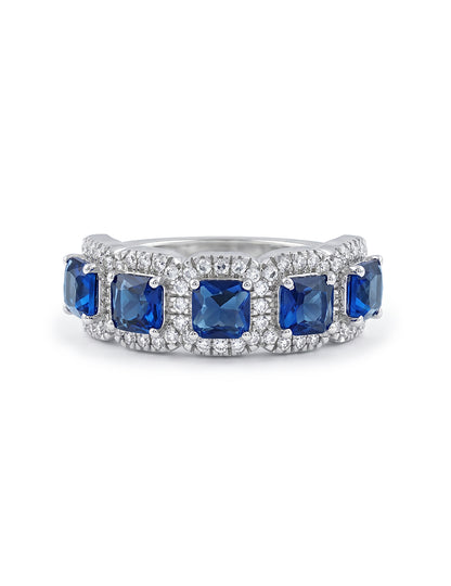 Art Deco Blue Asscher Gemstone Halo Five Stone Wedding Band
