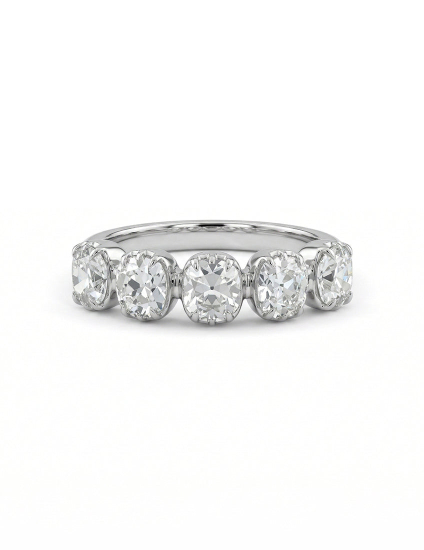 Mid Century Five Stone Old Mine Cushion Cut Diamond Ring Wedding Band