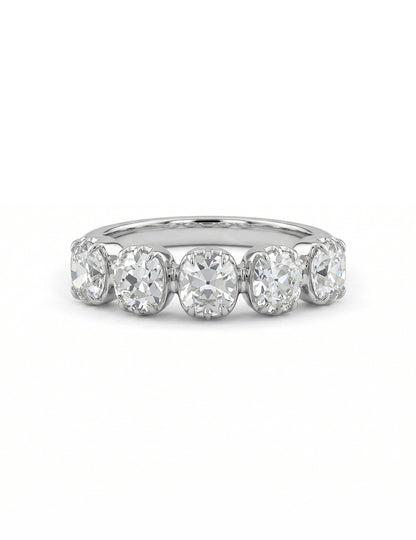 Mid Century Five Stone Old Mine Cushion Cut Diamond Ring Wedding Band