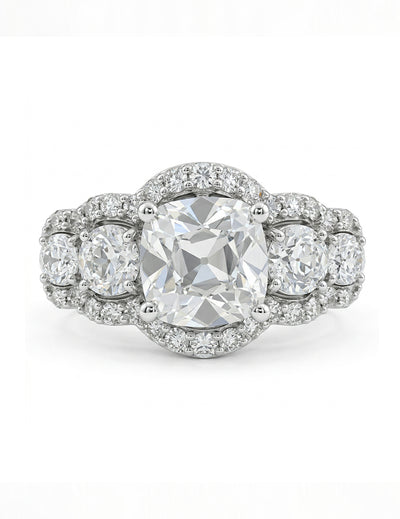 Mid Century Old Mine Cut Diamond Five Stone Halo Ring