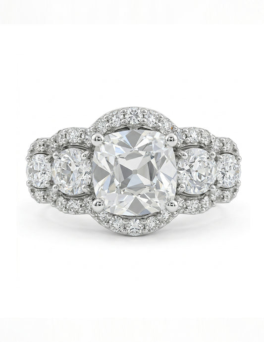 Mid Century Old Mine Cut Diamond Five Stone Halo Ring Wedding Band
