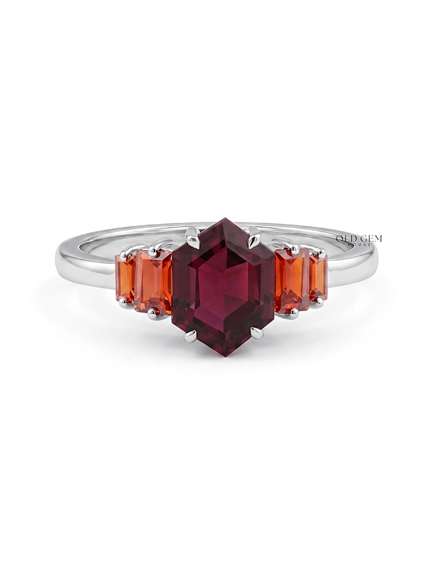 Art Deco Red Gemstone Hexagon Cut Five Stone Ring