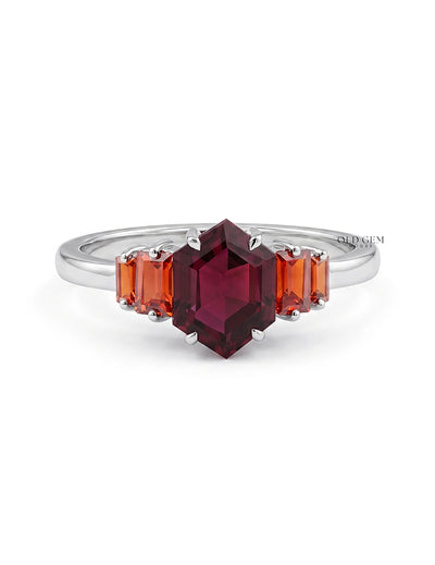 Art Deco Red Gemstone Hexagon Cut Five Stone Ring