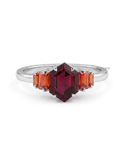Art Deco Red Gemstone Hexagon Cut Five Stone Ring