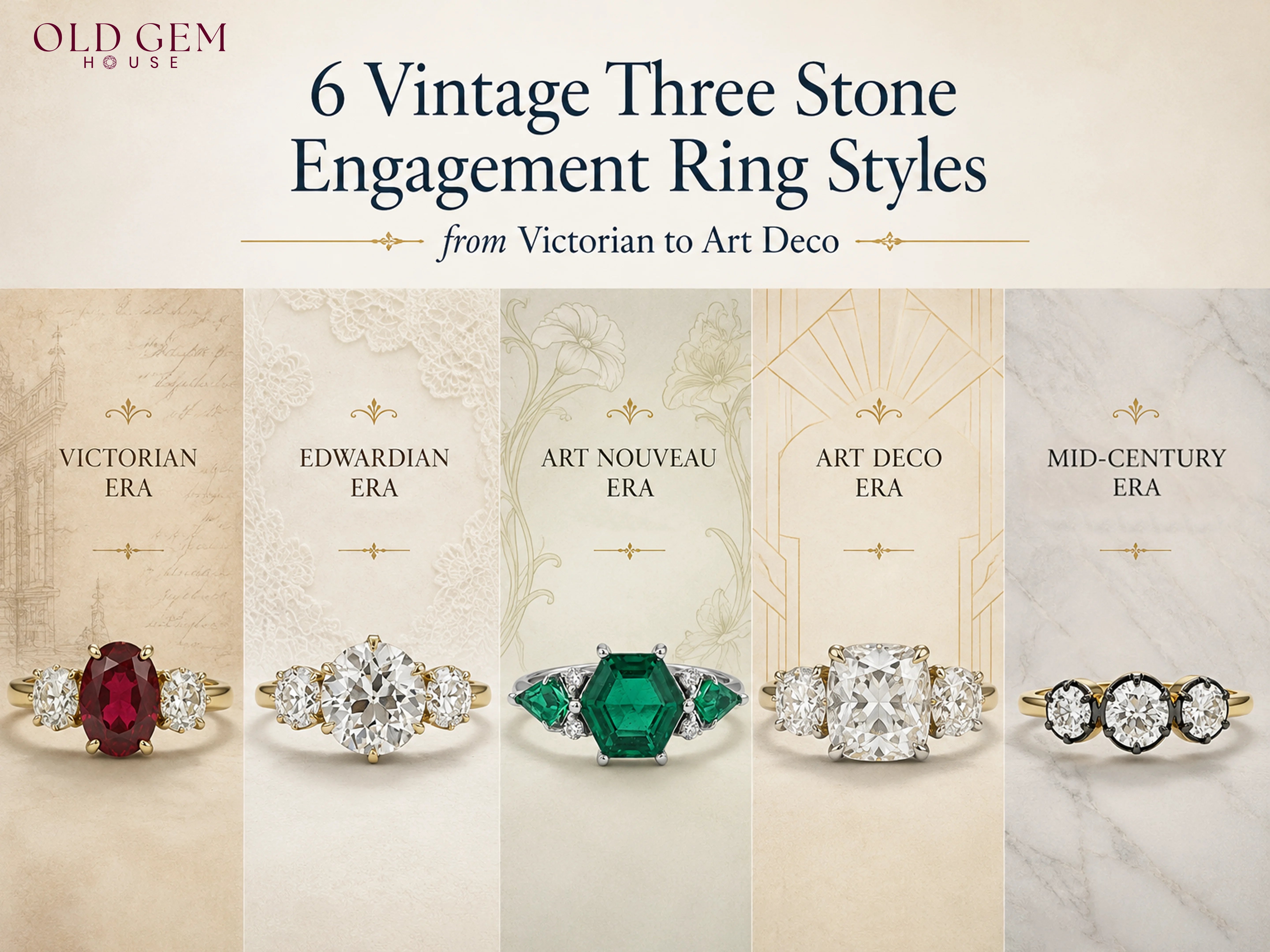 6 Vintage Three Stone Engagement Ring Styles from Victorian to Art Deco