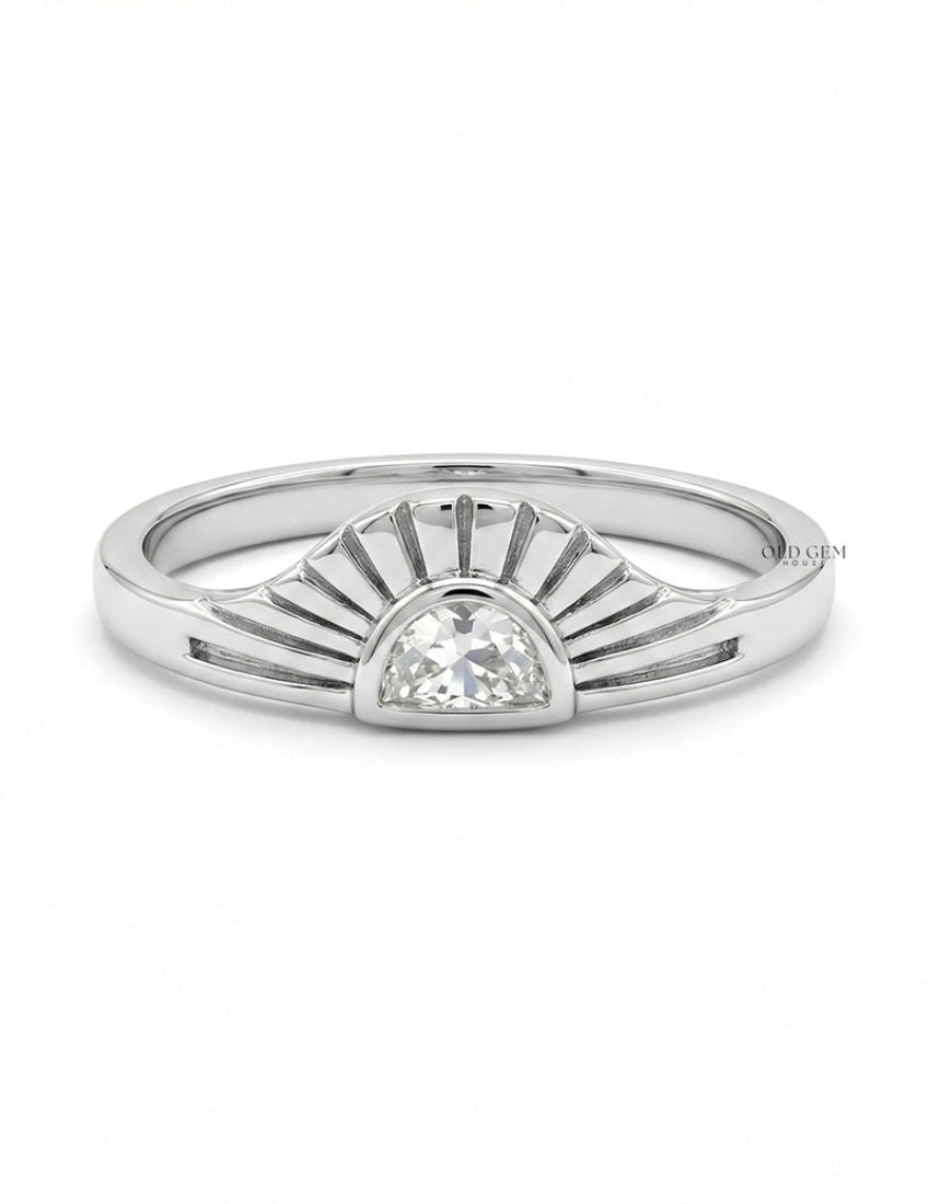 Art Deco Style Half Moon Cut Sunrise Ring Engagement Ring