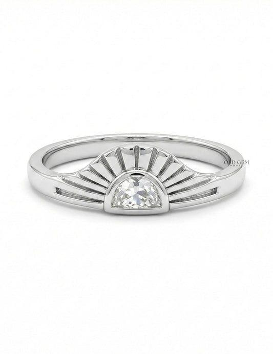 Art Deco Style Half Moon Cut Sunrise Ring Engagement Ring