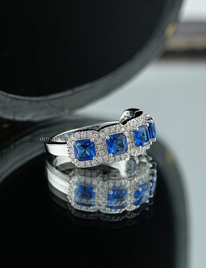 Blue Sapphire Asscher Cut Halo Wedding Ring