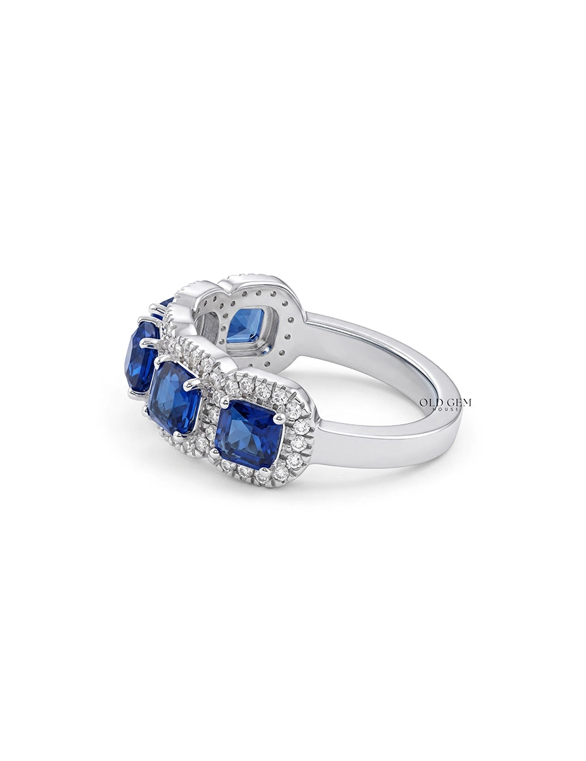 Art Deco Blue Asscher Gemstone Halo Five Stone Wedding Band Wedding Band