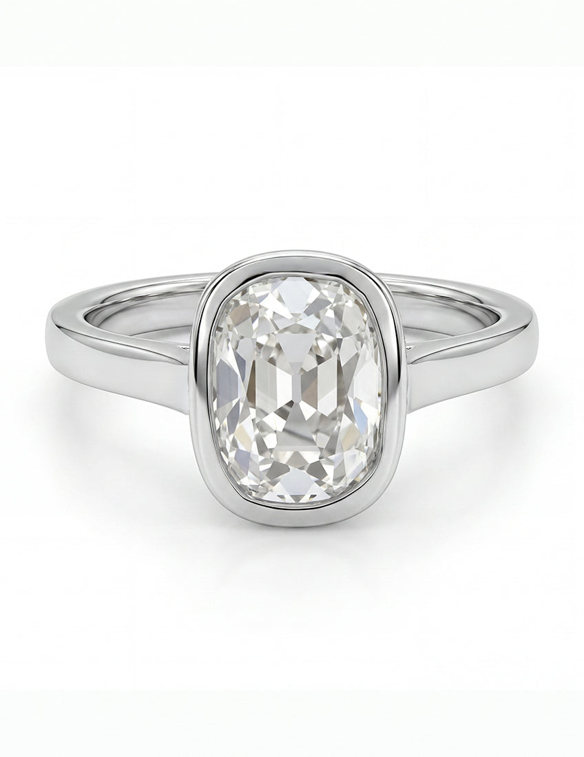 Mid Century Old Mine Cushion Bezel Set Solitaire Ring Engagement Ring