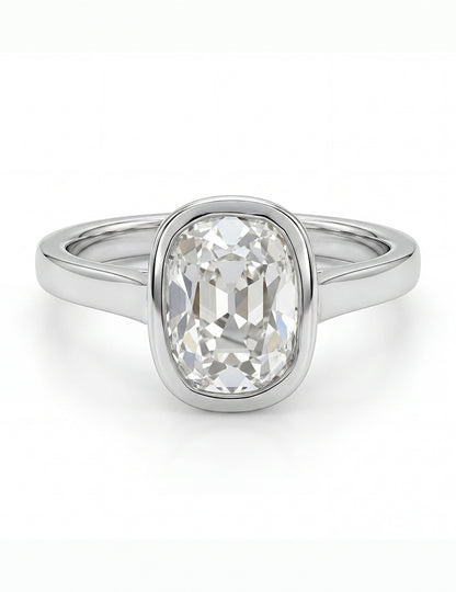 Mid Century Old Mine Cushion Bezel Set Solitaire Ring Engagement Ring