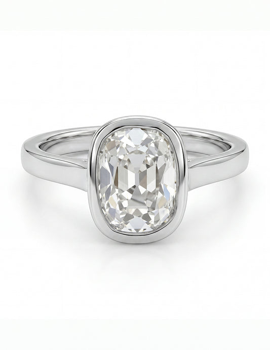 Mid Century Old Mine Cushion Bezel Set Solitaire Ring Engagement Ring