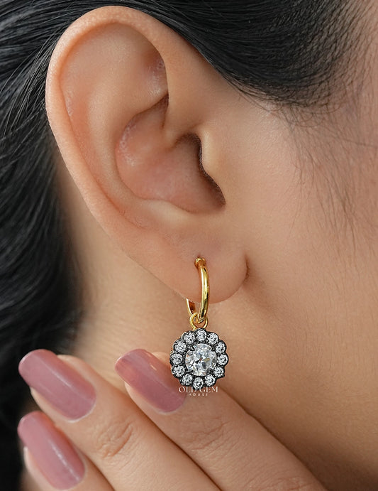 Georgian Style OEC Round Cut Floral Hoop Dangle Earrings Earrings