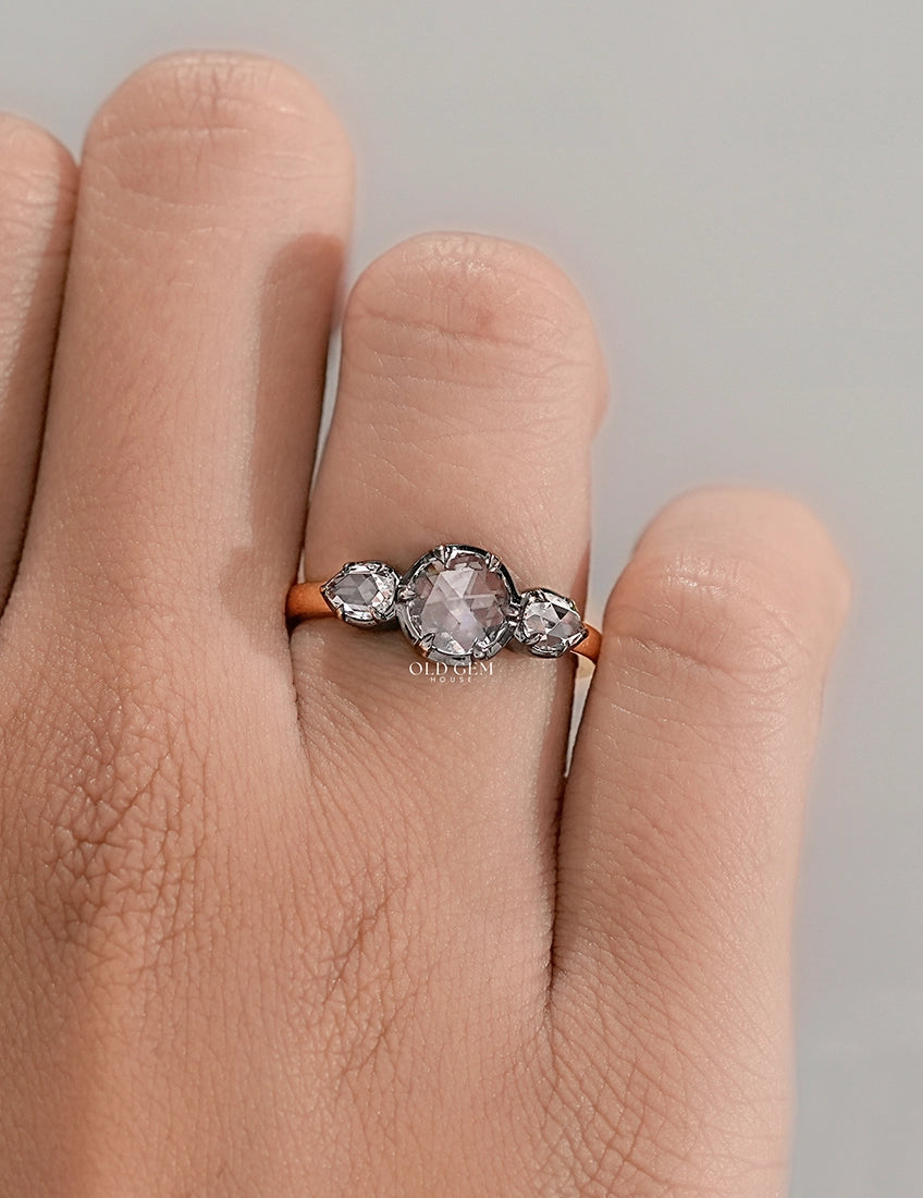 3 stone Rose Cut Lab Diamond Ring