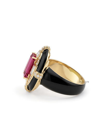 Victorian Pink Sapphire Baguette With Black Enamel Ring Engagement Ring
