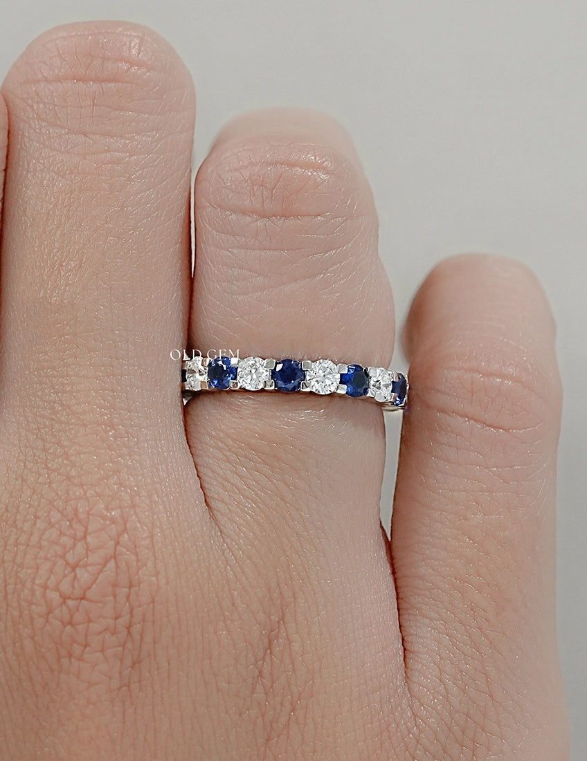 Blue Gemstone Round Cut Eternity Wedding Band Wedding Band