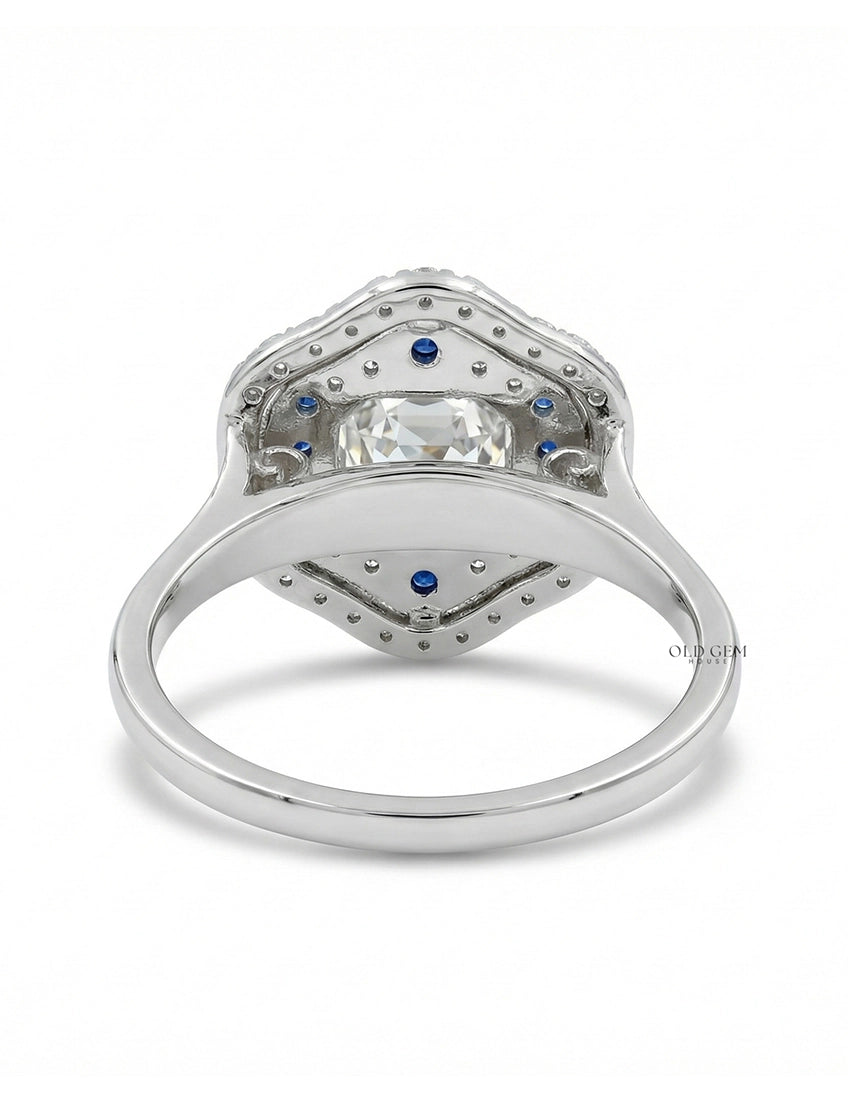Old Mine Asscher Blue Sapphire Halo Ring