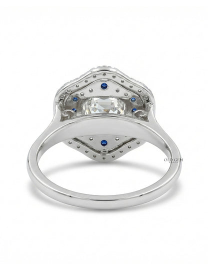 Old Mine Asscher Blue Sapphire Halo Ring