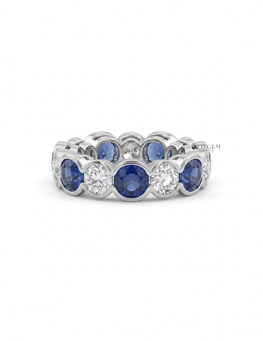 Cushion Cut Sapphire And Round Diamond Eternity Band Wedding Band