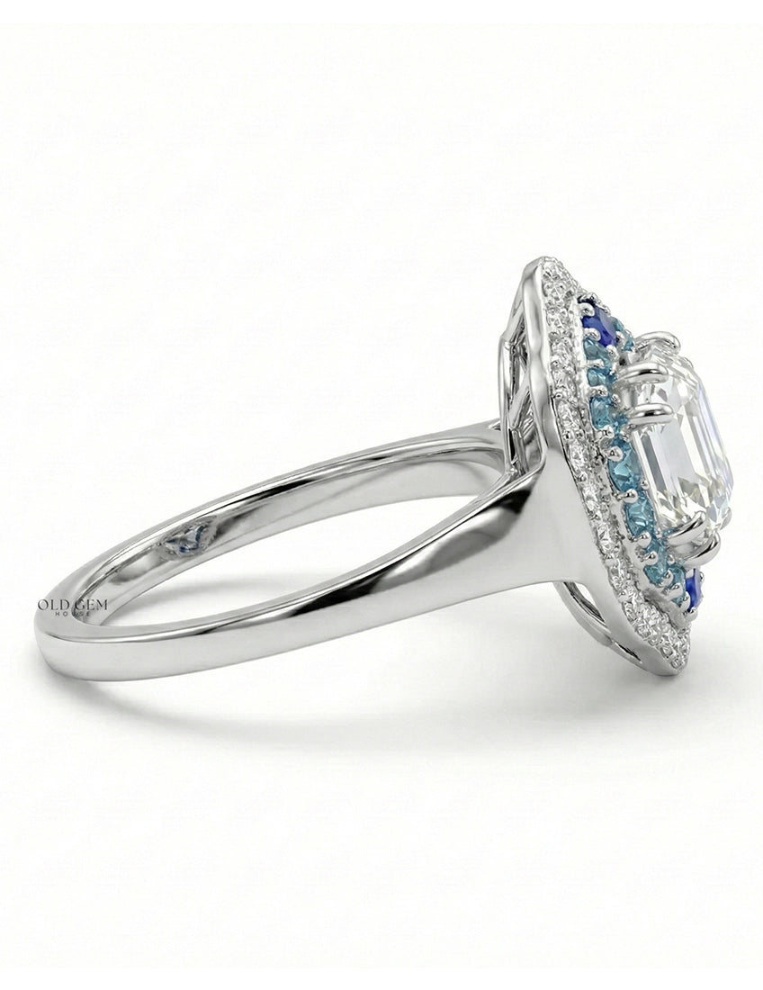 Old Mine Asscher Blue Sapphire Halo Ring