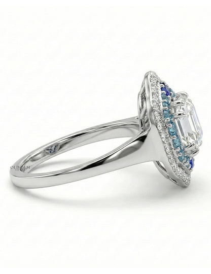 Old Mine Asscher Blue Sapphire Halo Ring