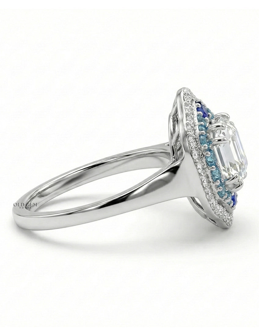 Vintage Art Deco Sapphire Old Mine Asscher Double Halo Ring Engagement Ring