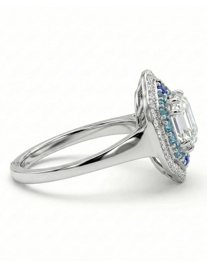 Vintage Art Deco Sapphire Old Mine Asscher Double Halo Ring Engagement Ring